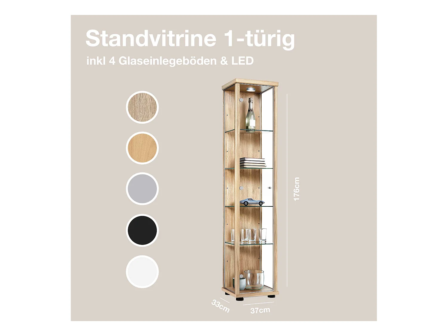 Standvitrine mit 1 Tür, 4 Höhenverstellbaren Glasböden - Mit LED-Beleuchtung- 176x37x33 cm - Buchefarben