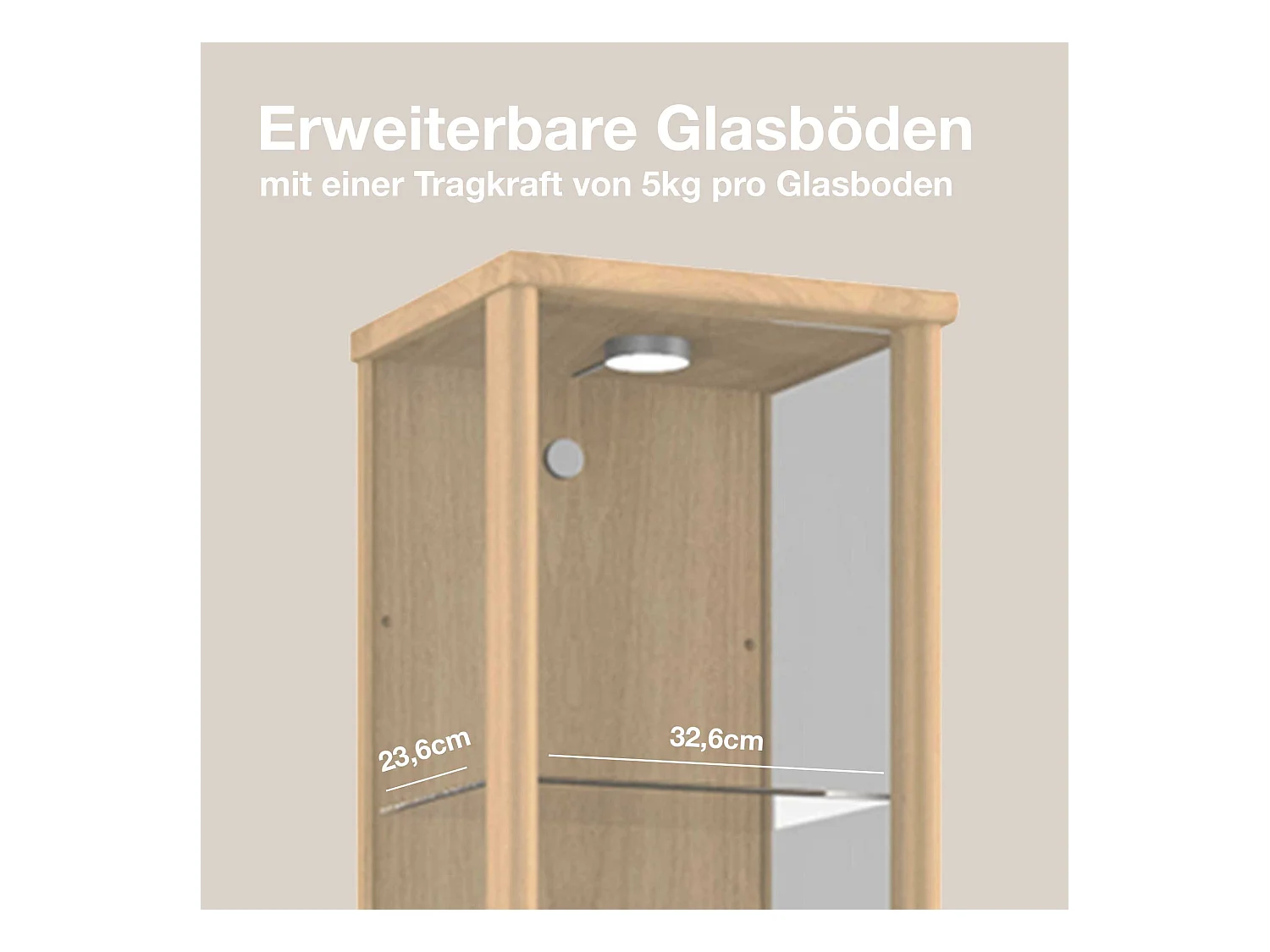 Standvitrine mit 1 Tür, 4 Höhenverstellbaren Glasböden - Mit LED-Beleuchtung- 176x37x33 cm - Buchefarben