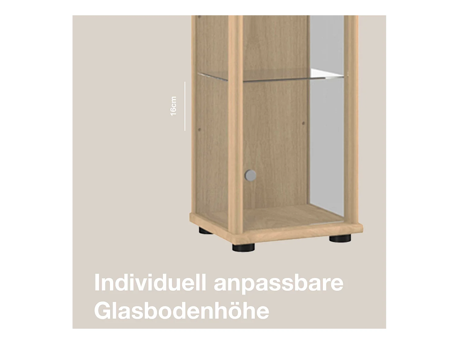 Standvitrine mit 1 Tür, 4 Höhenverstellbaren Glasböden - Mit LED-Beleuchtung- 176x37x33 cm - Buchefarben