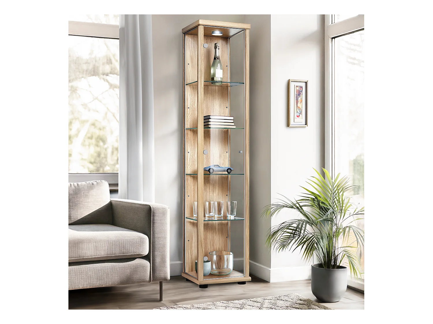 Vitrine sur pied avec 1 porte, 4 étagères en verre réglables en hauteur - Avec éclairage LED - 176x37x33 cm - Couleur hêtre