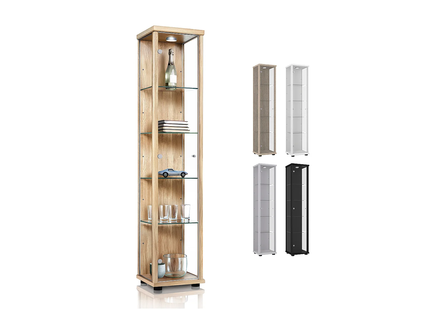 Vitrine sur pied avec 1 porte, 4 étagères en verre réglables en hauteur - Avec éclairage LED - 176x37x33 cm - Couleur hêtre