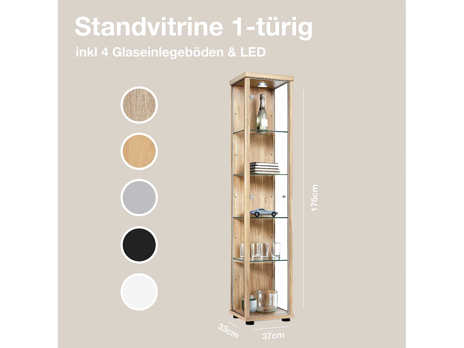 Vitrine sur pied avec 1 porte, 4 étagères en verre réglables en hauteur - Avec éclairage LED - 176x37x33 cm - Couleur hêtre