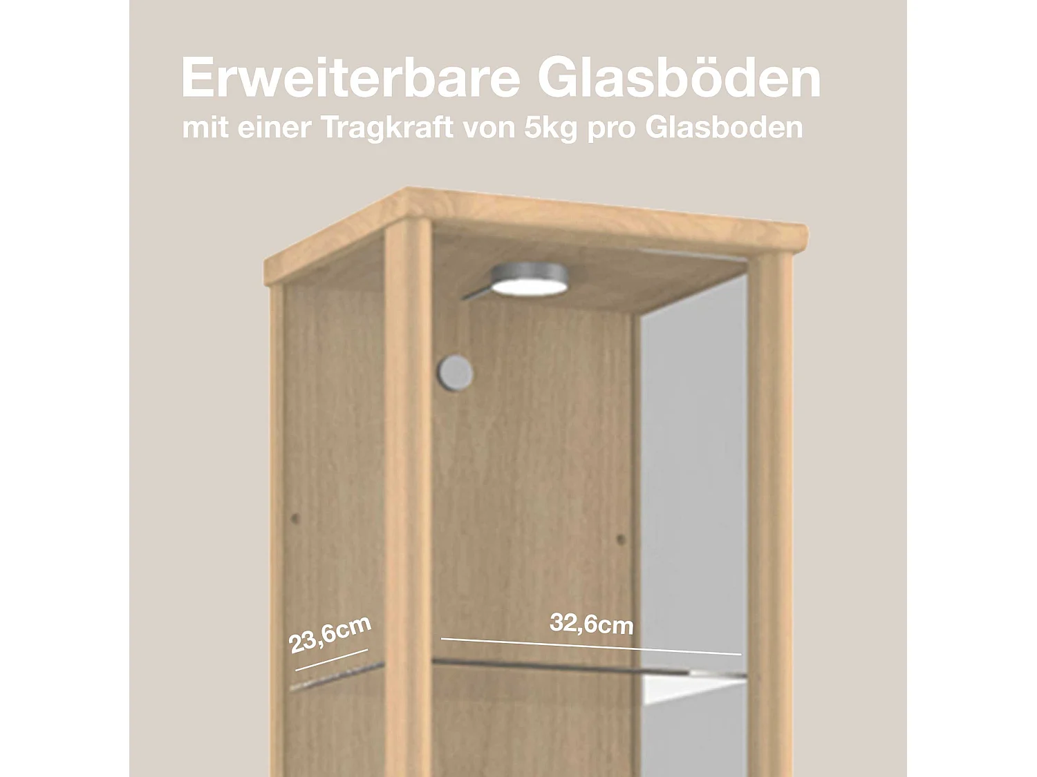 Vitrine sur pied avec 1 porte, 4 étagères en verre réglables en hauteur - Avec éclairage LED - 176x37x33 cm - Couleur hêtre