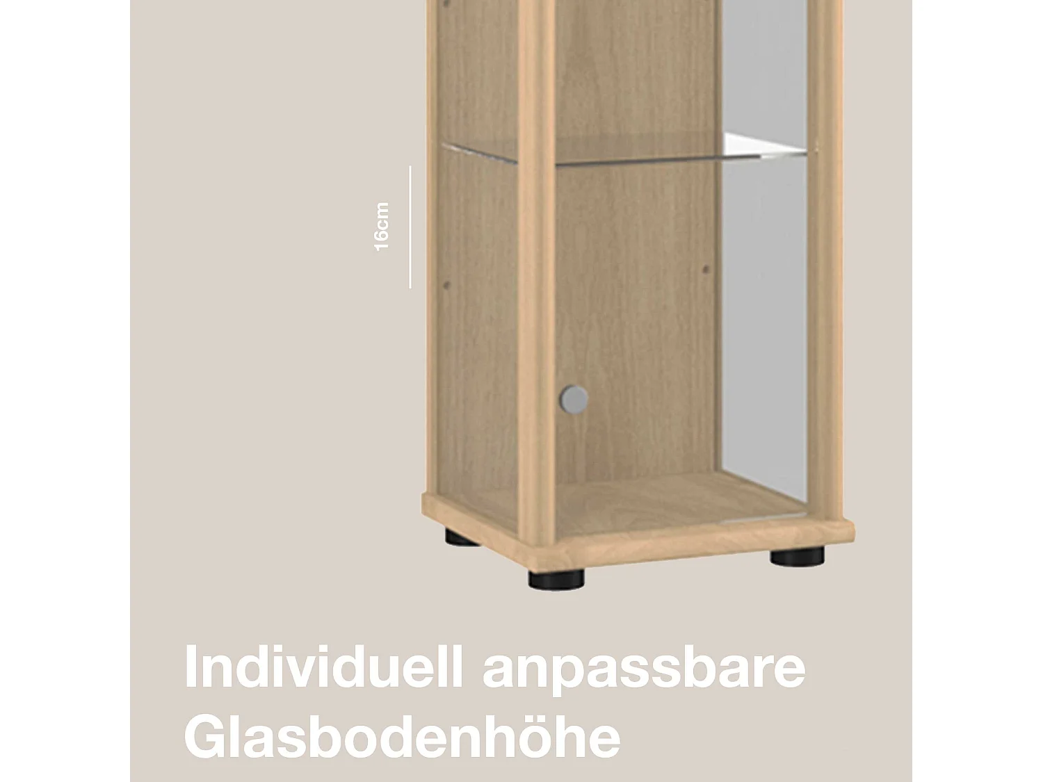 Vitrine sur pied avec 1 porte, 4 étagères en verre réglables en hauteur - Avec éclairage LED - 176x37x33 cm - Couleur hêtre