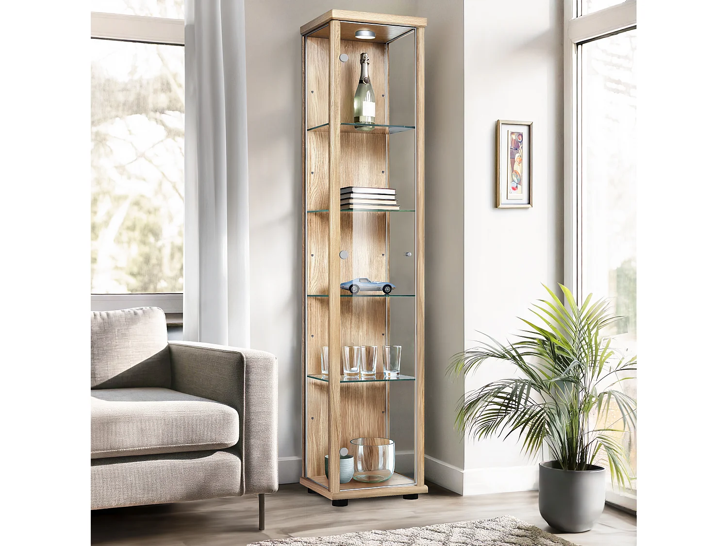 Vitrine sur pied avec 1 porte, 4 étagères en verre réglables en hauteur - Avec éclairage LED - 176x37x33 cm - Couleur hêtre