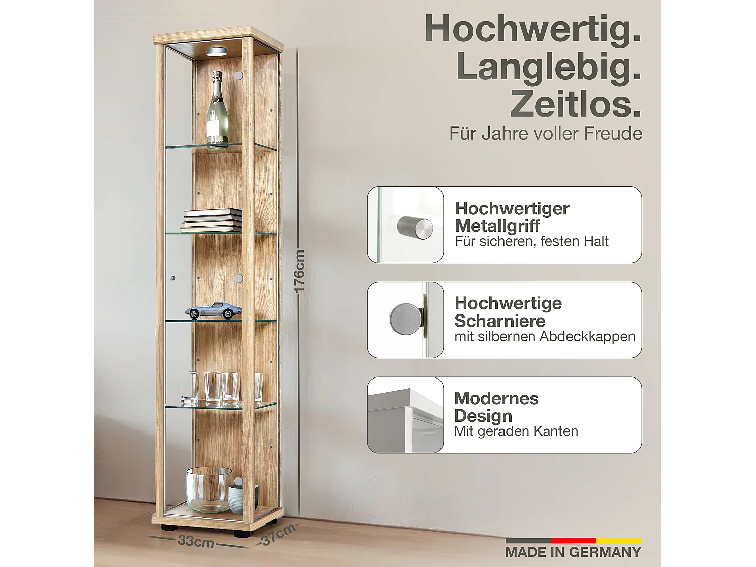 Vitrine sur pied avec 1 porte, 4 étagères en verre réglables en hauteur - Avec éclairage LED - 176x37x33 cm - Couleur hêtre