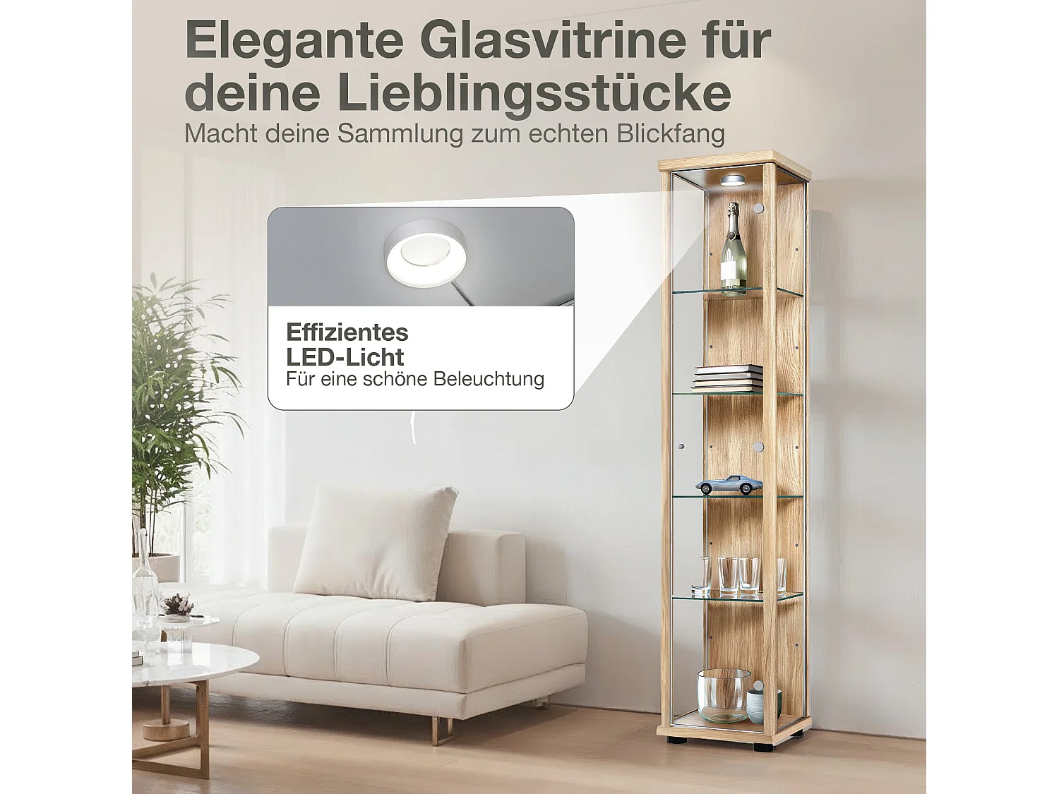 Vitrine sur pied avec 1 porte, 4 étagères en verre réglables en hauteur - Avec éclairage LED - 176x37x33 cm - Couleur hêtre