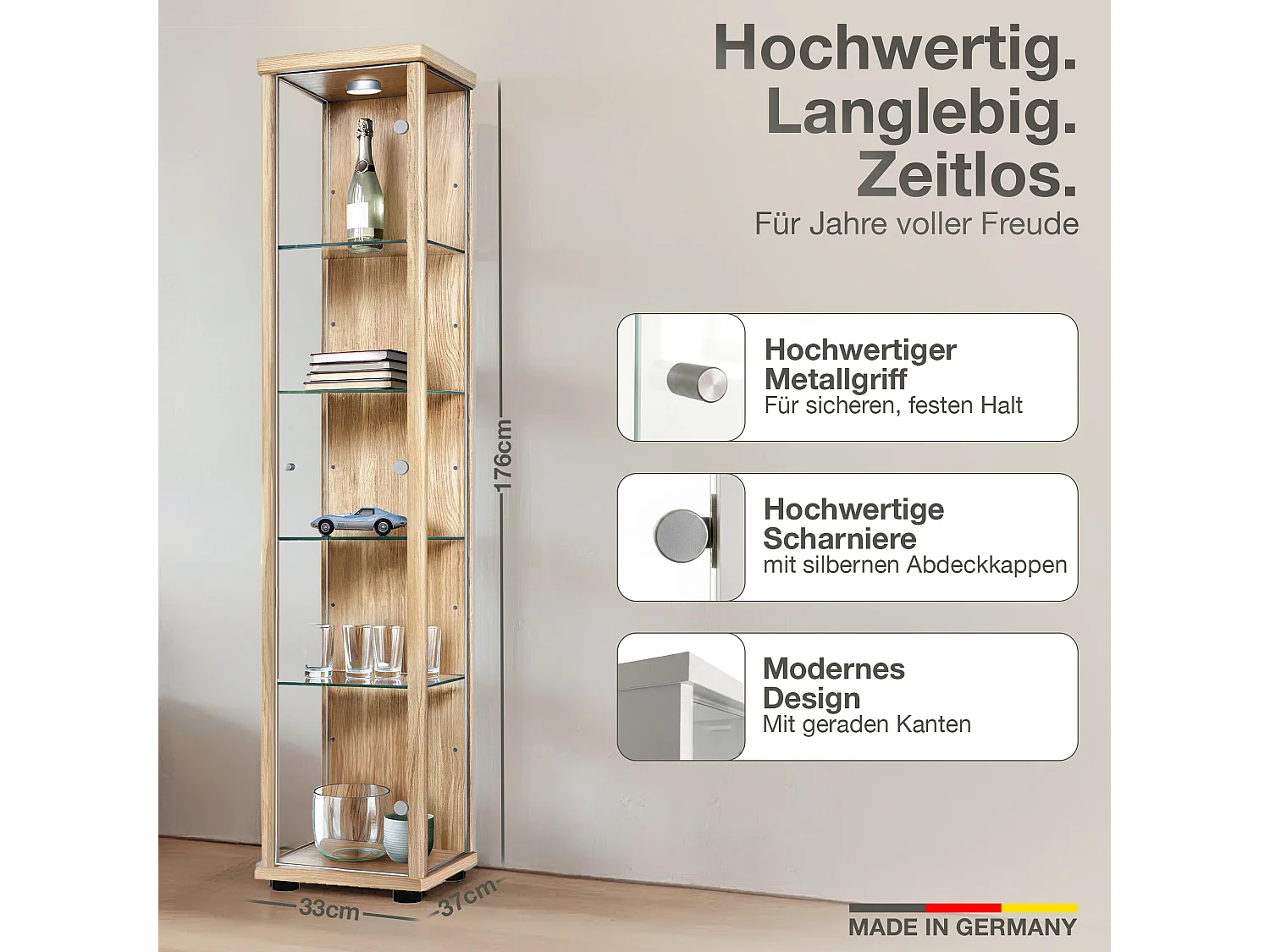 Standvitrine mit 1 Tür, 4 Höhenverstellbaren Glasböden - Mit LED-Beleuchtung- 176x37x33 cm - Buchefarben