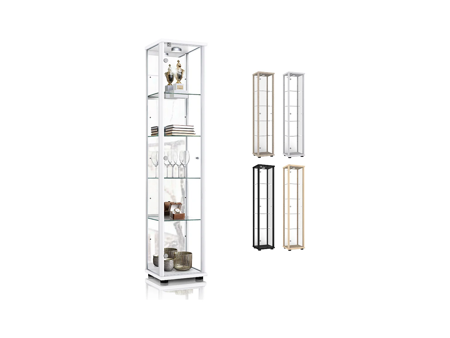 Staande vitrine met 1 deur, 4 in hoogte verstelbare glasplanken, spiegel & slot - Met LED-verlichting - 176x37x33 cm - Wit