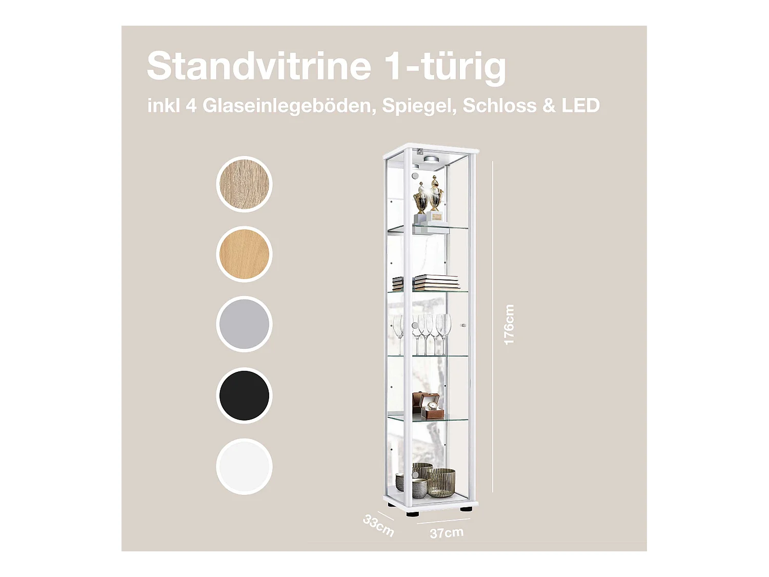 Staande vitrine met 1 deur, 4 in hoogte verstelbare glasplanken, spiegel & slot - Met LED-verlichting - 176x37x33 cm - Wit
