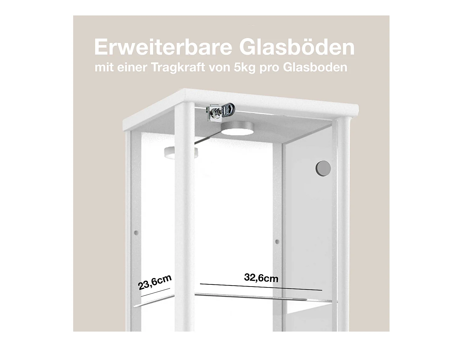 Staande vitrine met 1 deur, 4 in hoogte verstelbare glasplanken, spiegel & slot - Met LED-verlichting - 176x37x33 cm - Wit