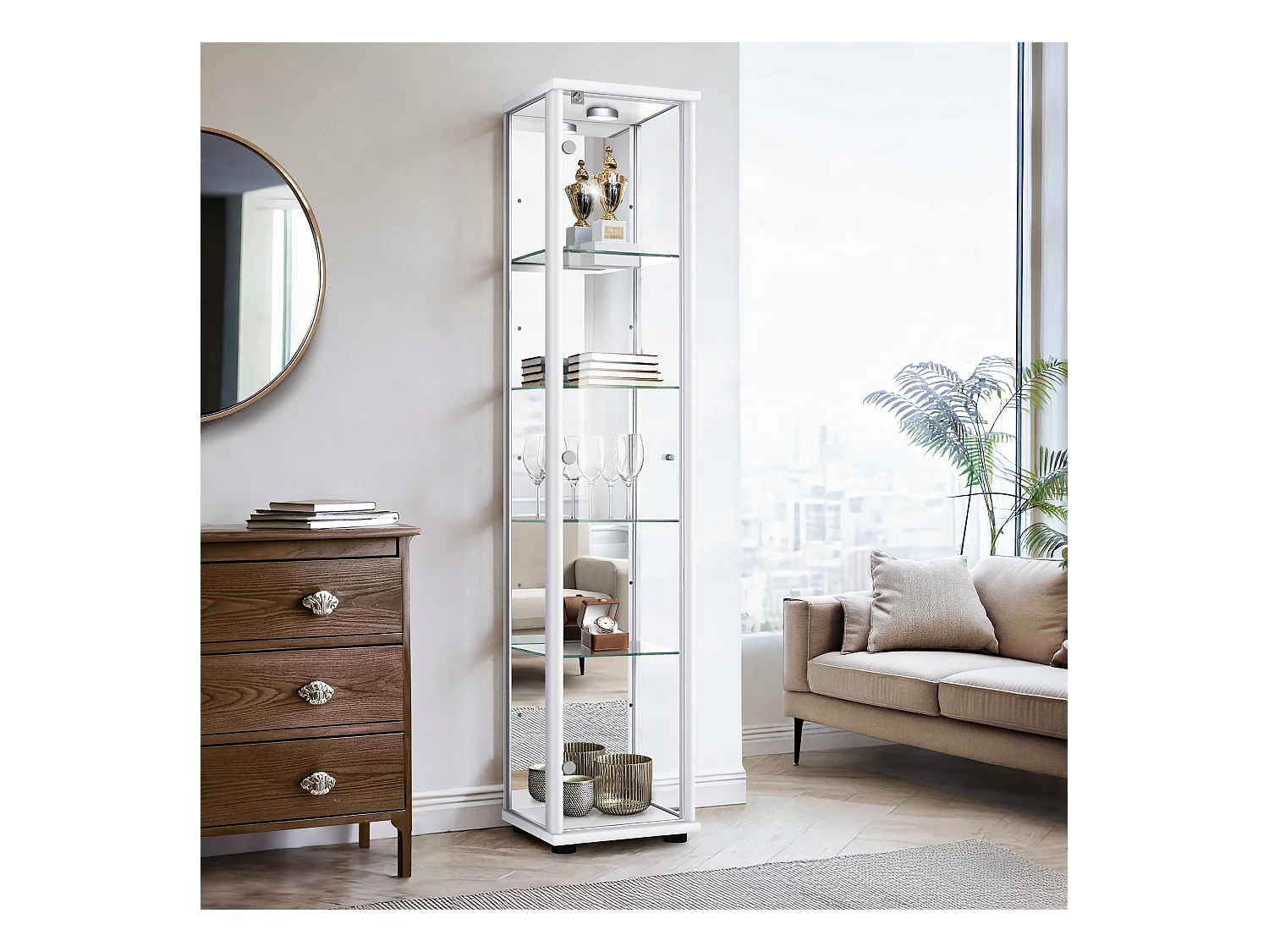 Vitrine sur pied avec 1 porte, 4 étagères en verre réglables en hauteur, miroir & serrure - Avec éclairage LED - 176x37x33 cm - Blanc