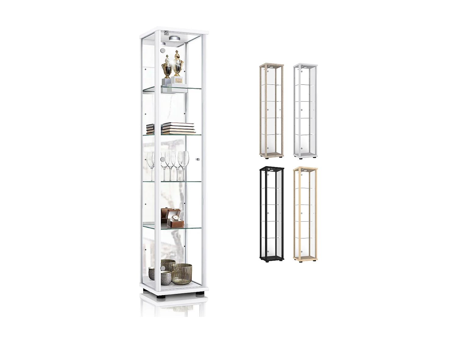 Vitrine sur pied avec 1 porte, 4 étagères en verre réglables en hauteur, miroir & serrure - Avec éclairage LED - 176x37x33 cm - Blanc