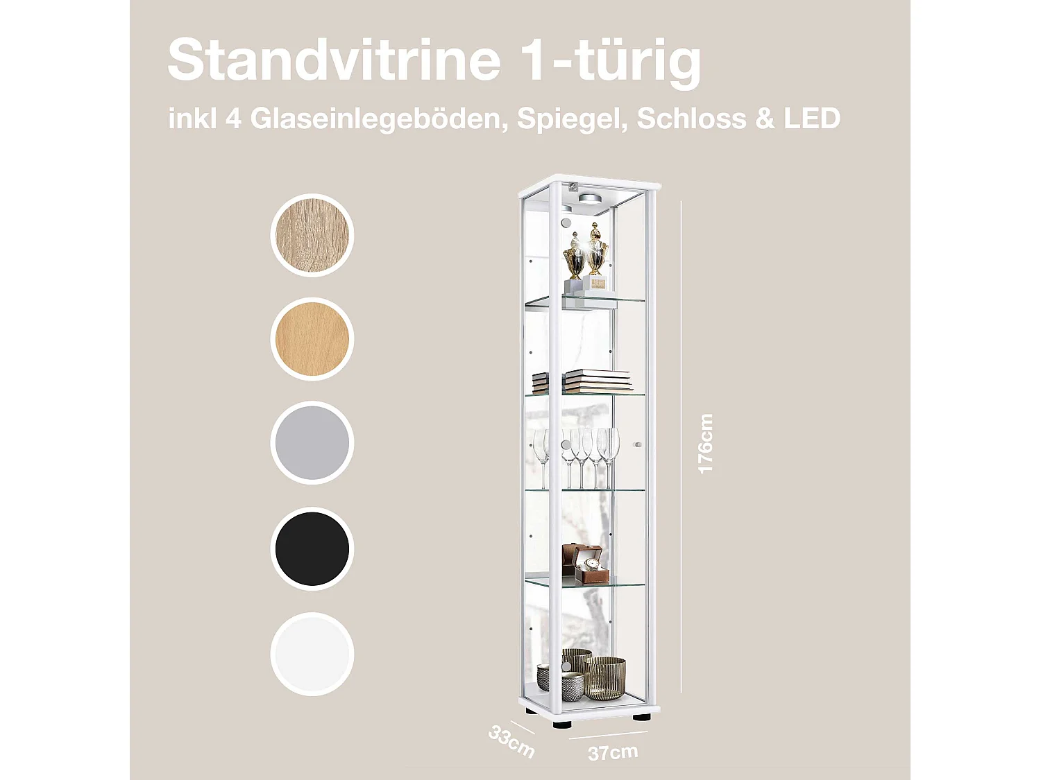 Vitrine sur pied avec 1 porte, 4 étagères en verre réglables en hauteur, miroir & serrure - Avec éclairage LED - 176x37x33 cm - Blanc