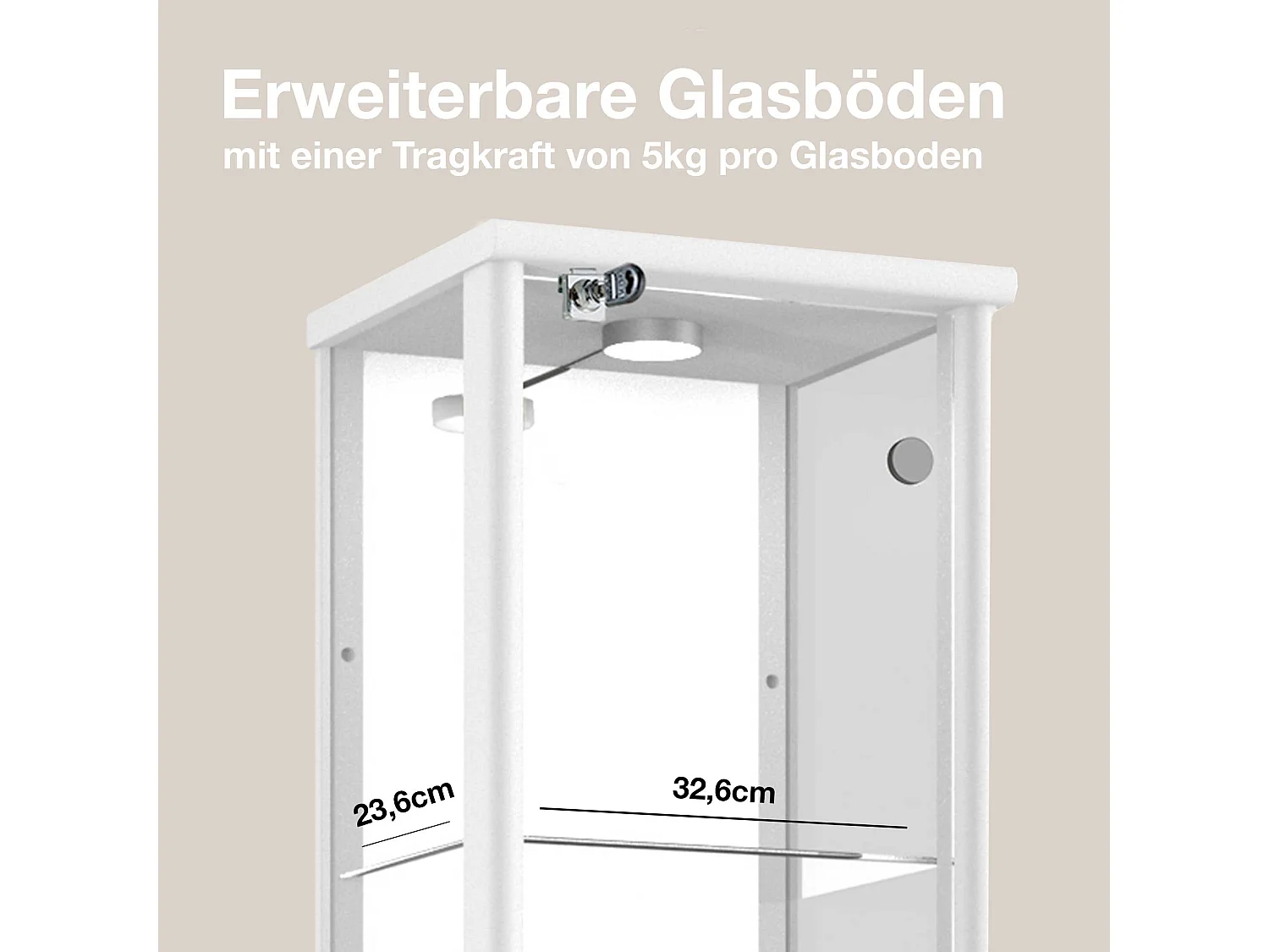 Vitrine sur pied avec 1 porte, 4 étagères en verre réglables en hauteur, miroir & serrure - Avec éclairage LED - 176x37x33 cm - Blanc