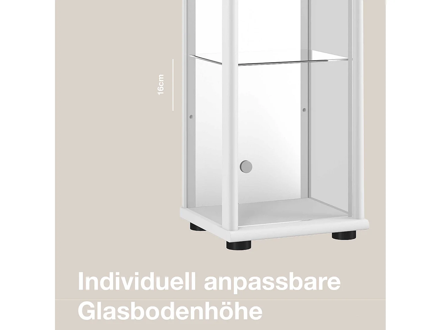 Vitrine sur pied avec 1 porte, 4 étagères en verre réglables en hauteur, miroir & serrure - Avec éclairage LED - 176x37x33 cm - Blanc