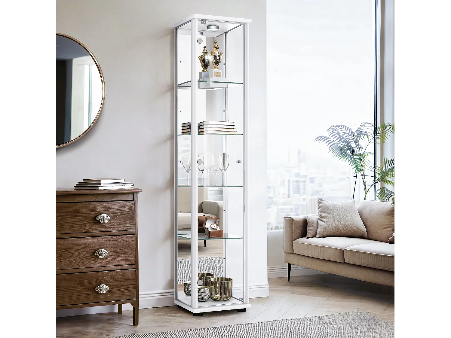 Vitrine sur pied avec 1 porte, 4 étagères en verre réglables en hauteur, miroir & serrure - Avec éclairage LED - 176x37x33 cm - Blanc