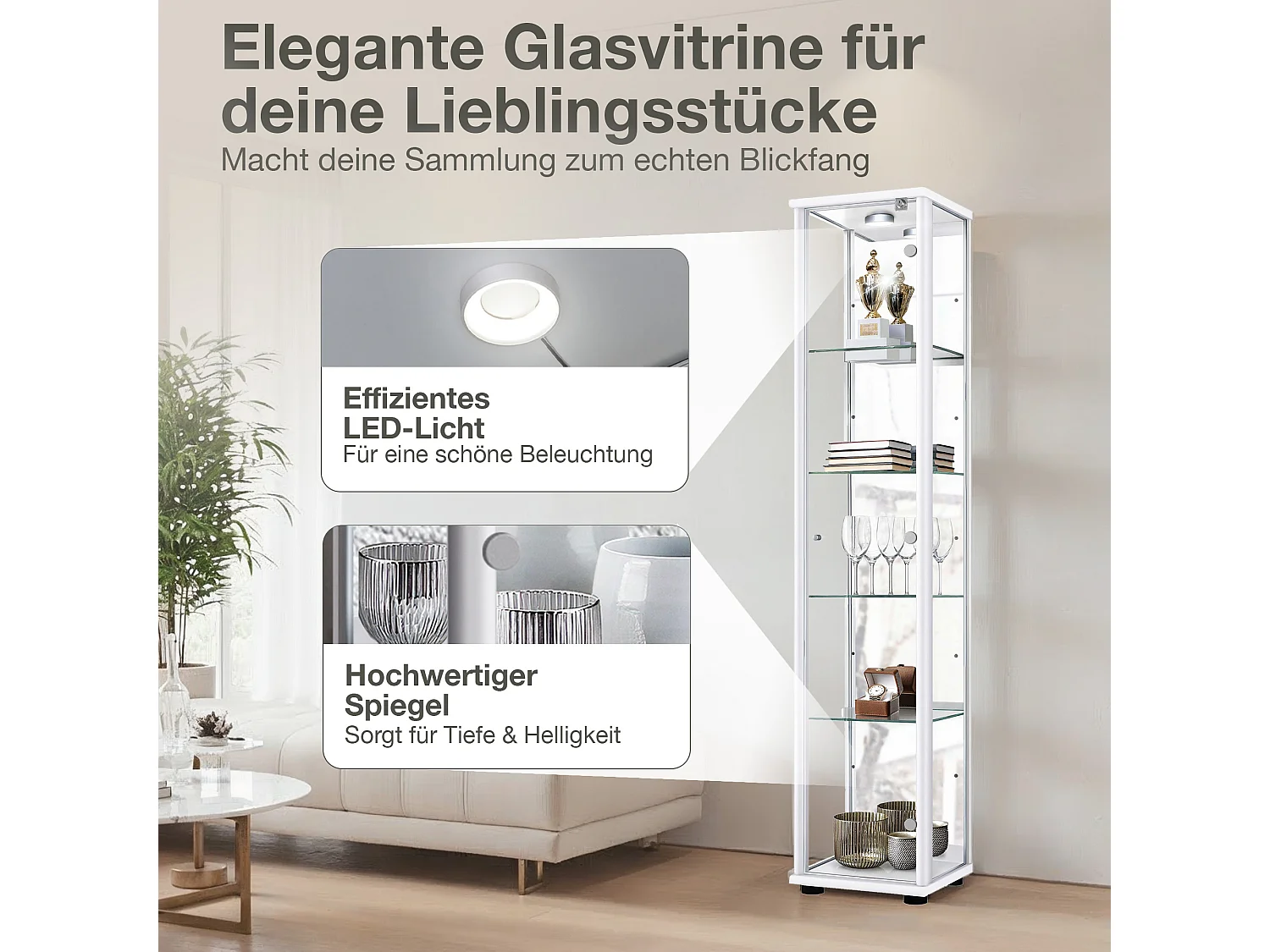 Vitrine sur pied avec 1 porte, 4 étagères en verre réglables en hauteur, miroir & serrure - Avec éclairage LED - 176x37x33 cm - Blanc