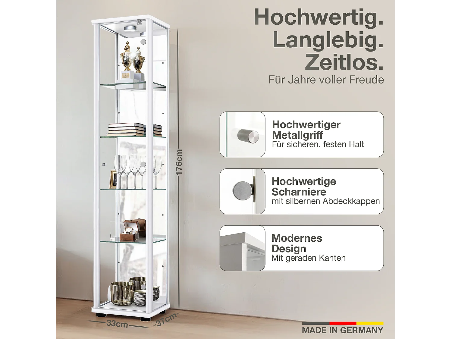 Vitrine sur pied avec 1 porte, 4 étagères en verre réglables en hauteur, miroir & serrure - Avec éclairage LED - 176x37x33 cm - Blanc