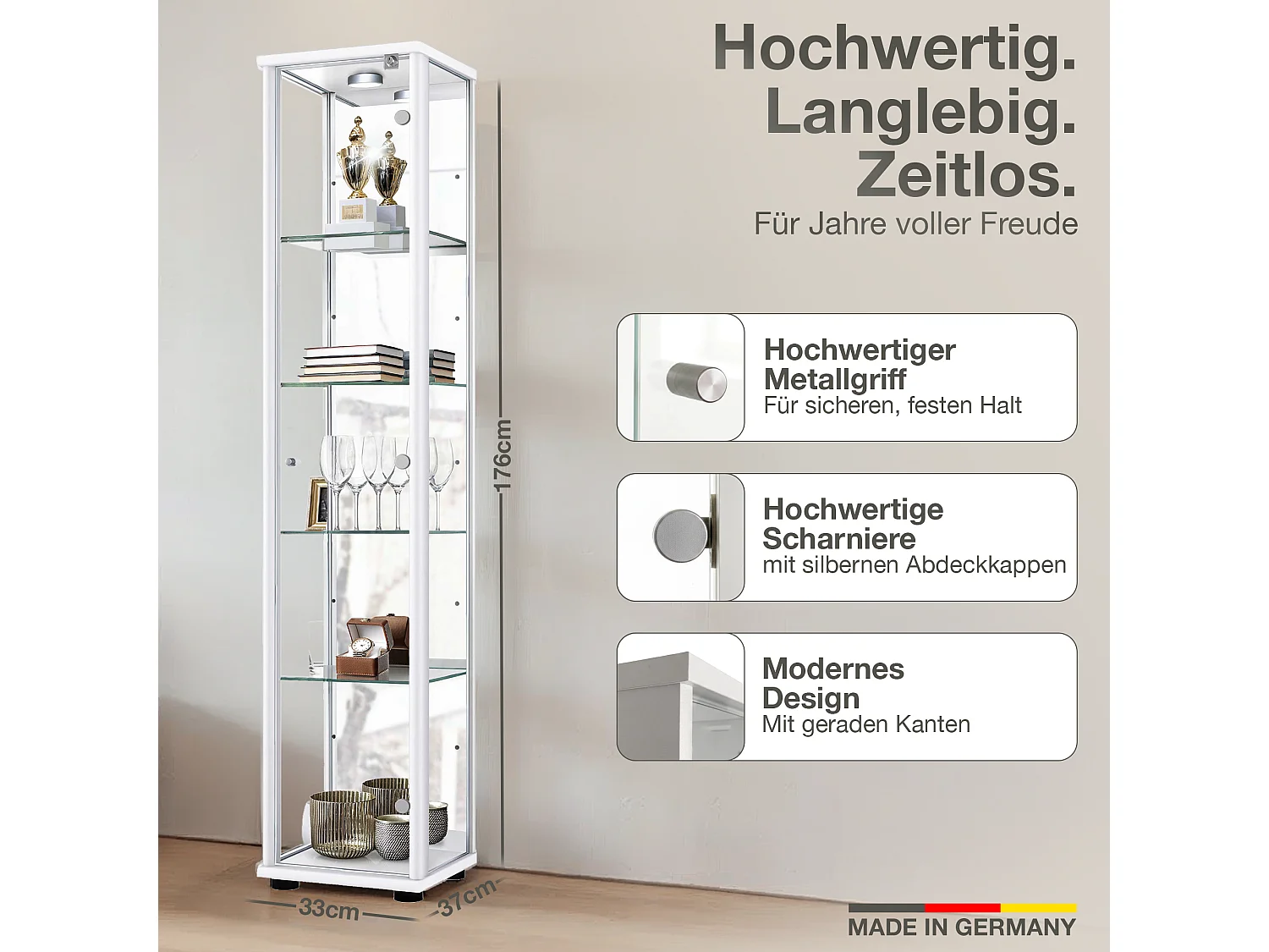 Vitrine sur pied avec 1 porte, 4 étagères en verre réglables en hauteur, miroir & serrure - Avec éclairage LED - 176x37x33 cm - Blanc