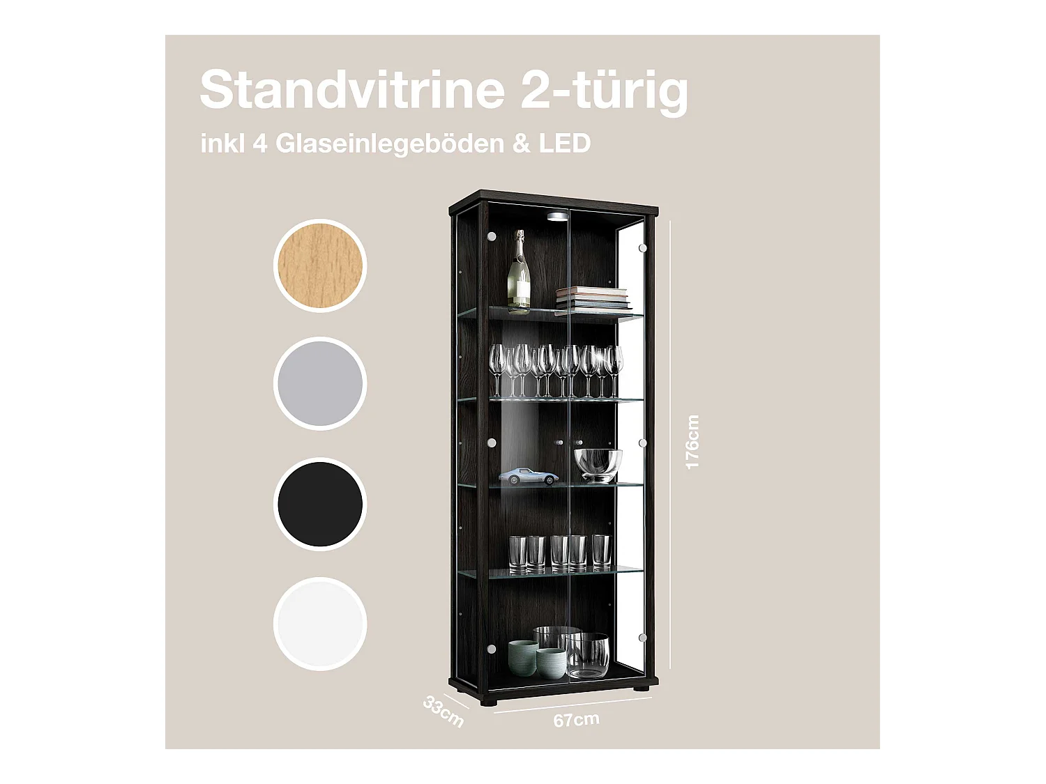 Staande vitrine met 2 deuren, 4 in hoogte verstelbare glasplanken - Met LED-verlichting - 176x67x33 cm - Zwart