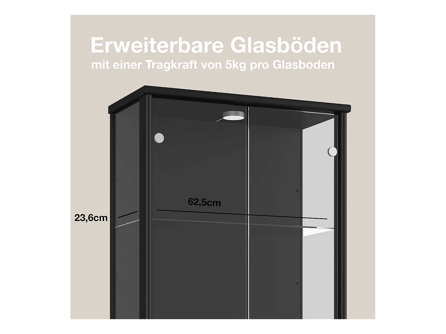 Staande vitrine met 2 deuren, 4 in hoogte verstelbare glasplanken - Met LED-verlichting - 176x67x33 cm - Zwart