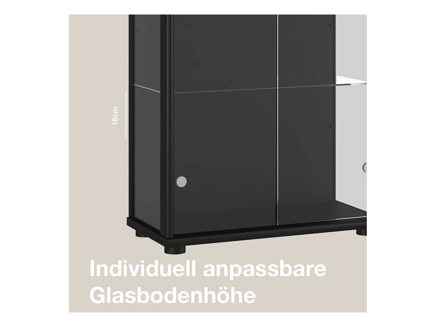 Staande vitrine met 2 deuren, 4 in hoogte verstelbare glasplanken - Met LED-verlichting - 176x67x33 cm - Zwart