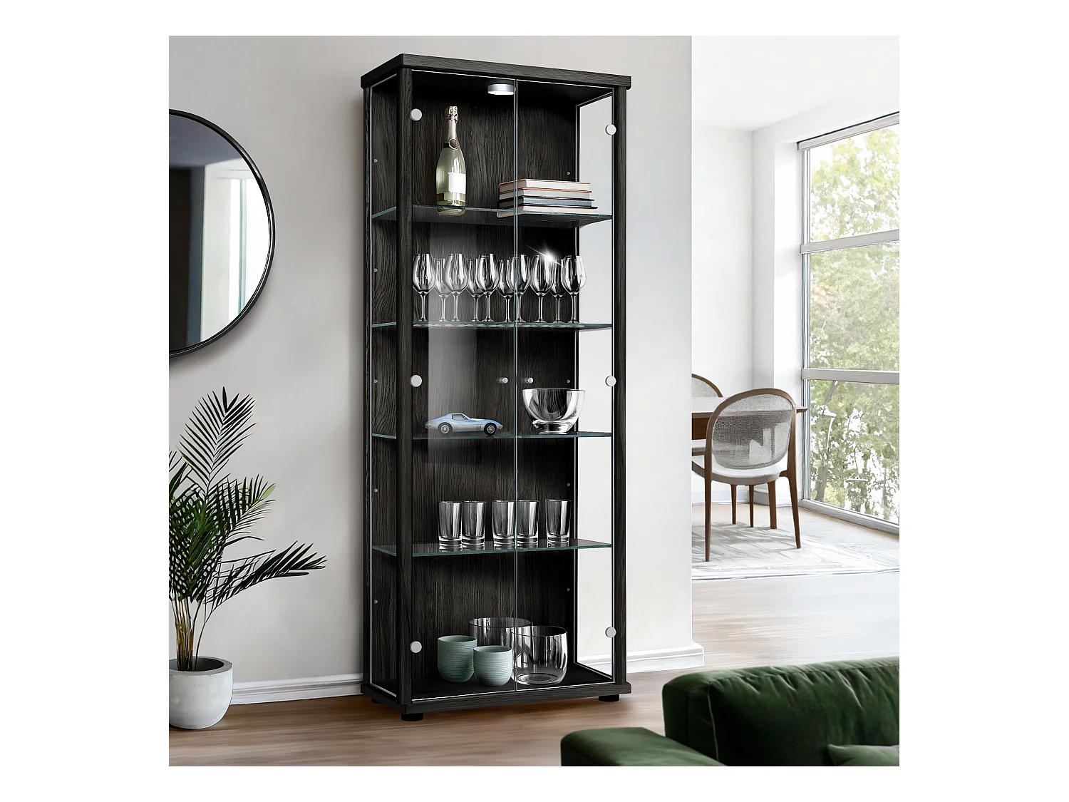 Vitrine sur pied avec 2 portes, 4 étagères en verre réglables en hauteur - Avec éclairage LED - 176x67x33 cm - Noir