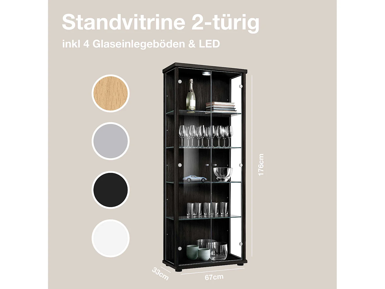 Vitrine sur pied avec 2 portes, 4 étagères en verre réglables en hauteur - Avec éclairage LED - 176x67x33 cm - Noir