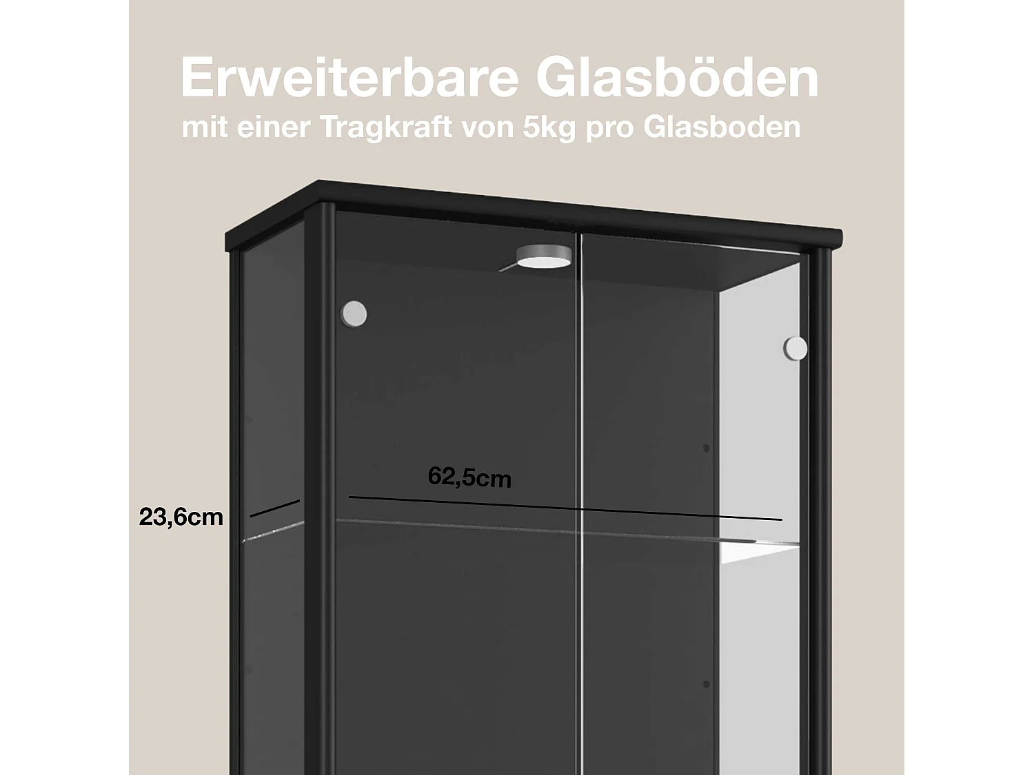 Vitrine sur pied avec 2 portes, 4 étagères en verre réglables en hauteur - Avec éclairage LED - 176x67x33 cm - Noir