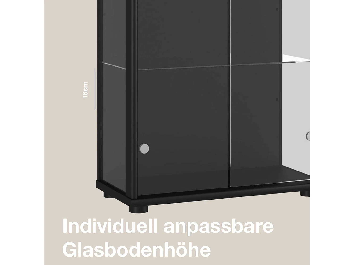 Vitrine sur pied avec 2 portes, 4 étagères en verre réglables en hauteur - Avec éclairage LED - 176x67x33 cm - Noir