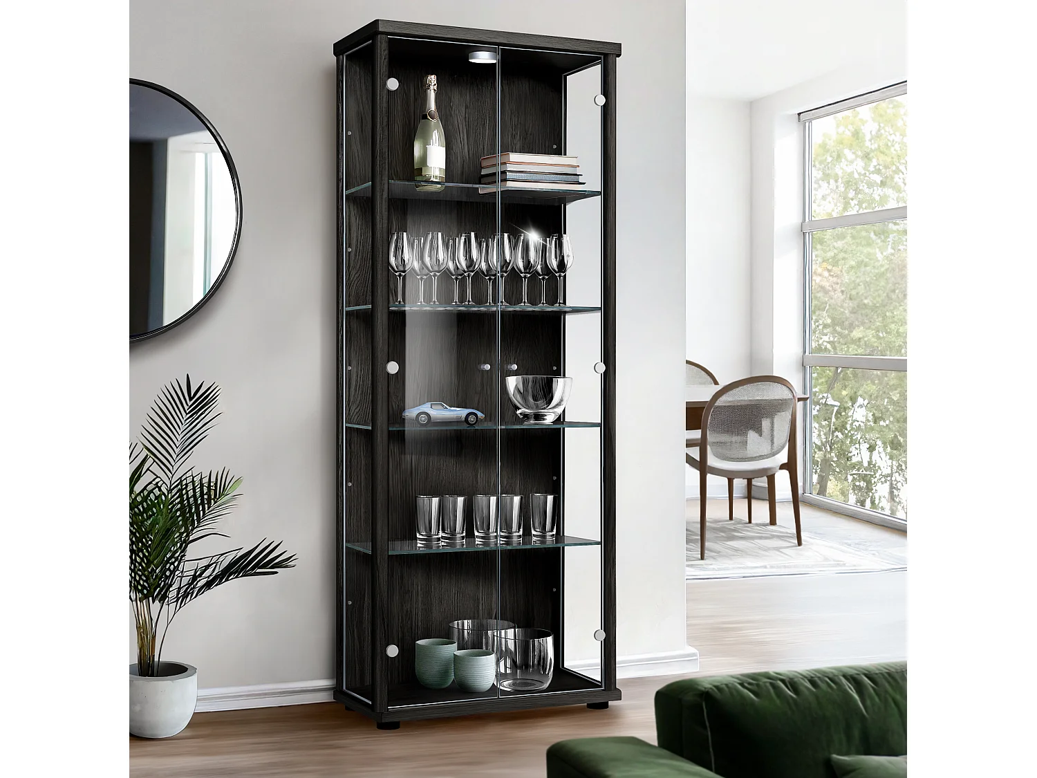 Vitrine sur pied avec 2 portes, 4 étagères en verre réglables en hauteur - Avec éclairage LED - 176x67x33 cm - Noir