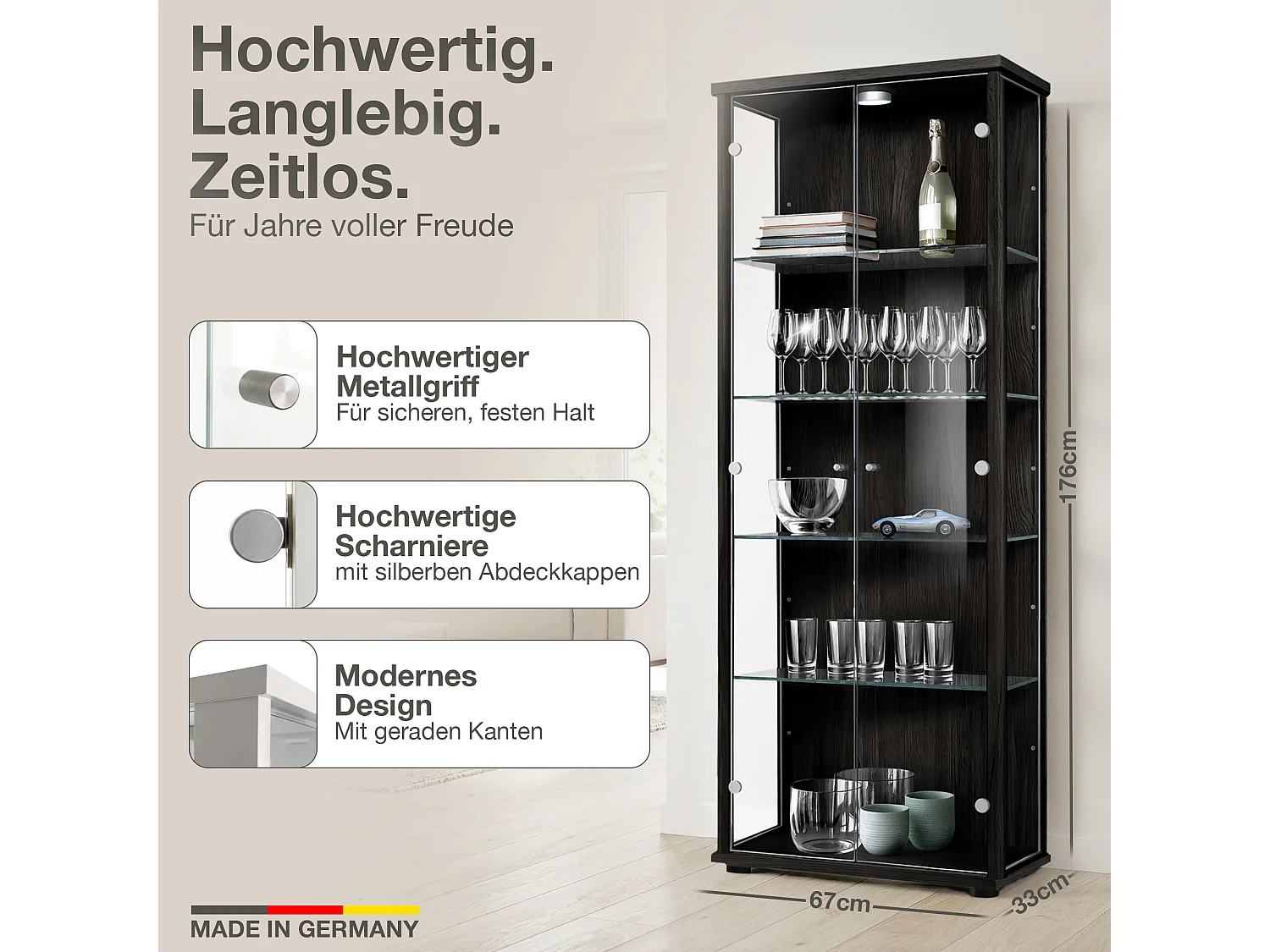 Vitrine sur pied avec 2 portes, 4 étagères en verre réglables en hauteur - Avec éclairage LED - 176x67x33 cm - Noir