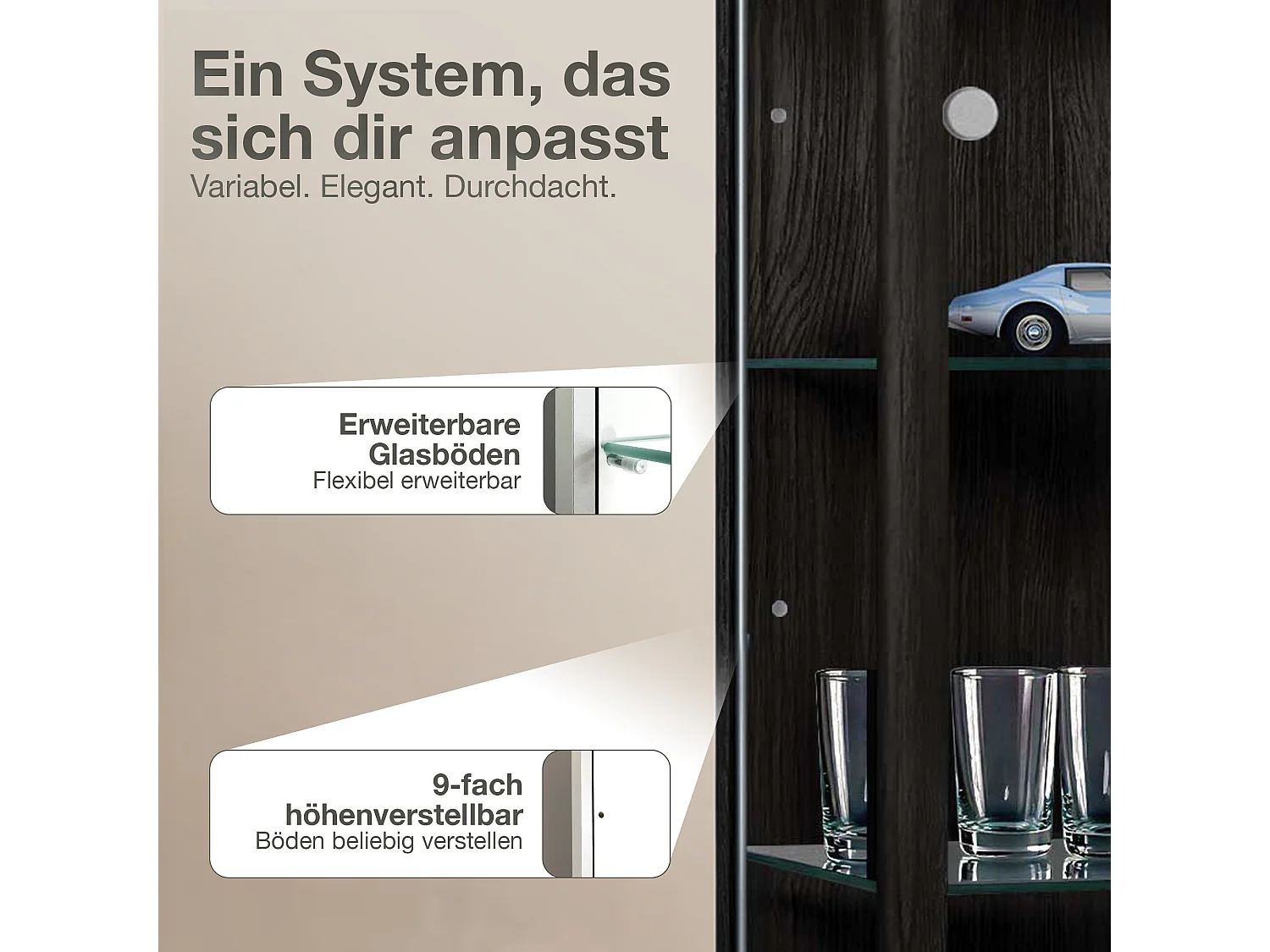 Vitrine sur pied avec 2 portes, 4 étagères en verre réglables en hauteur - Avec éclairage LED - 176x67x33 cm - Noir