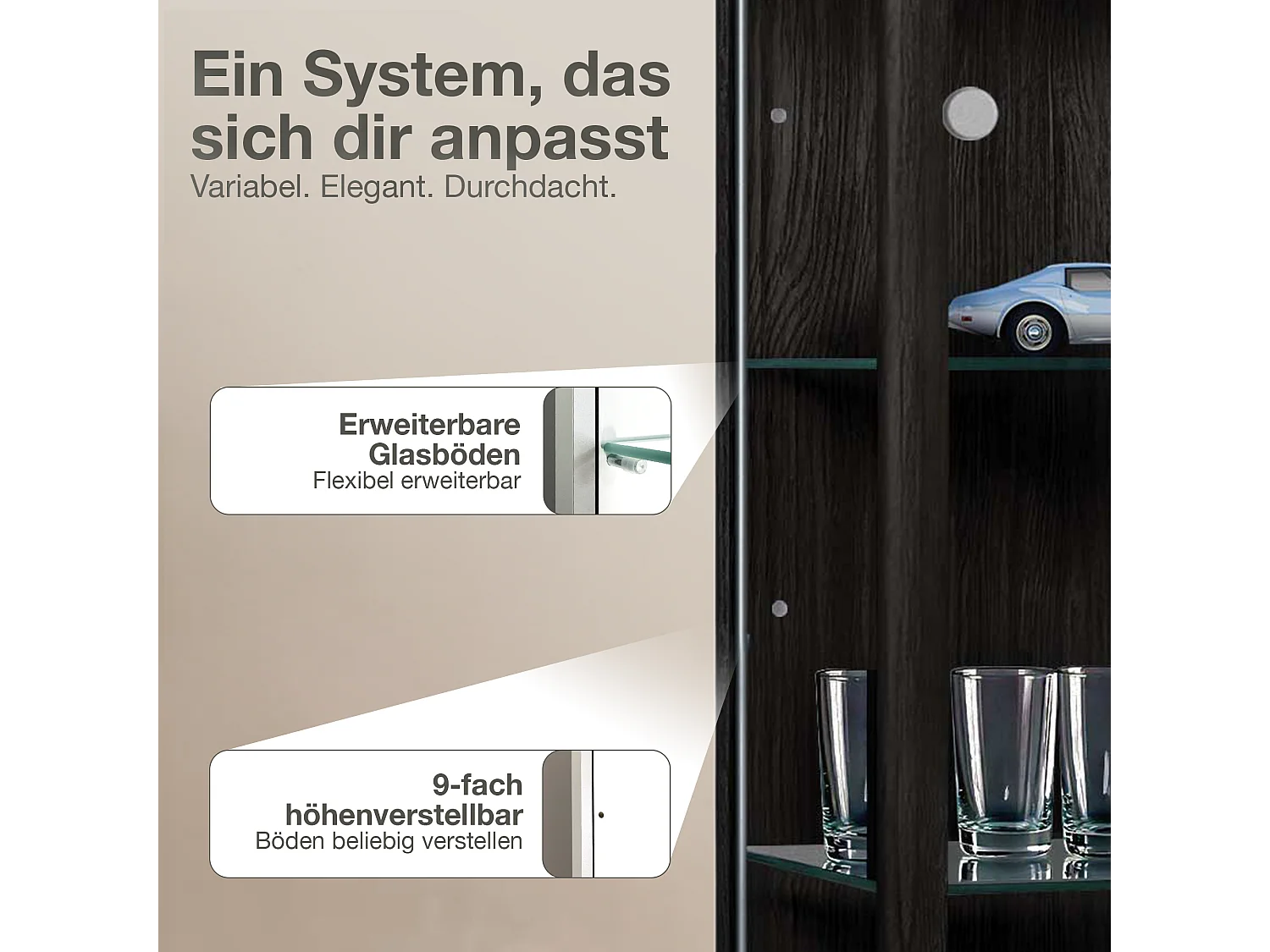 Staande vitrine met 2 deuren, 4 in hoogte verstelbare glasplanken - Met LED-verlichting - 176x67x33 cm - Zwart