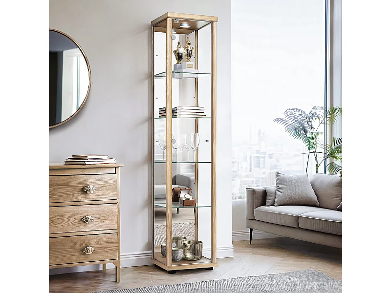 Vitrine sur pied avec 1 porte, 4 étagères en verre réglables en hauteur, miroir & serrure - Avec éclairage LED - 176x37x33 cm - Couleur hêtre