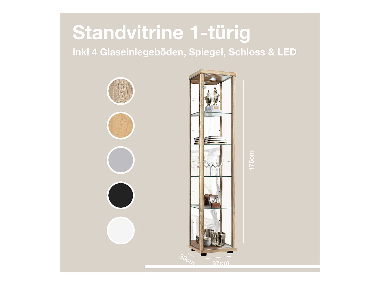 Standvitrine mit 1 Tür, 4 Höhenverstellbaren Glasböden, Spiegel & Schloss - Mit LED-Beleuchtung- 176x37x33 cm - Buchefarben