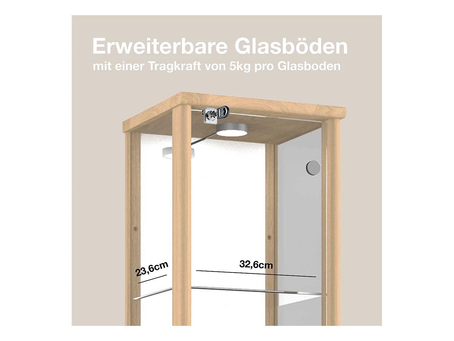 Standvitrine mit 1 Tür, 4 Höhenverstellbaren Glasböden, Spiegel & Schloss - Mit LED-Beleuchtung- 176x37x33 cm - Buchefarben