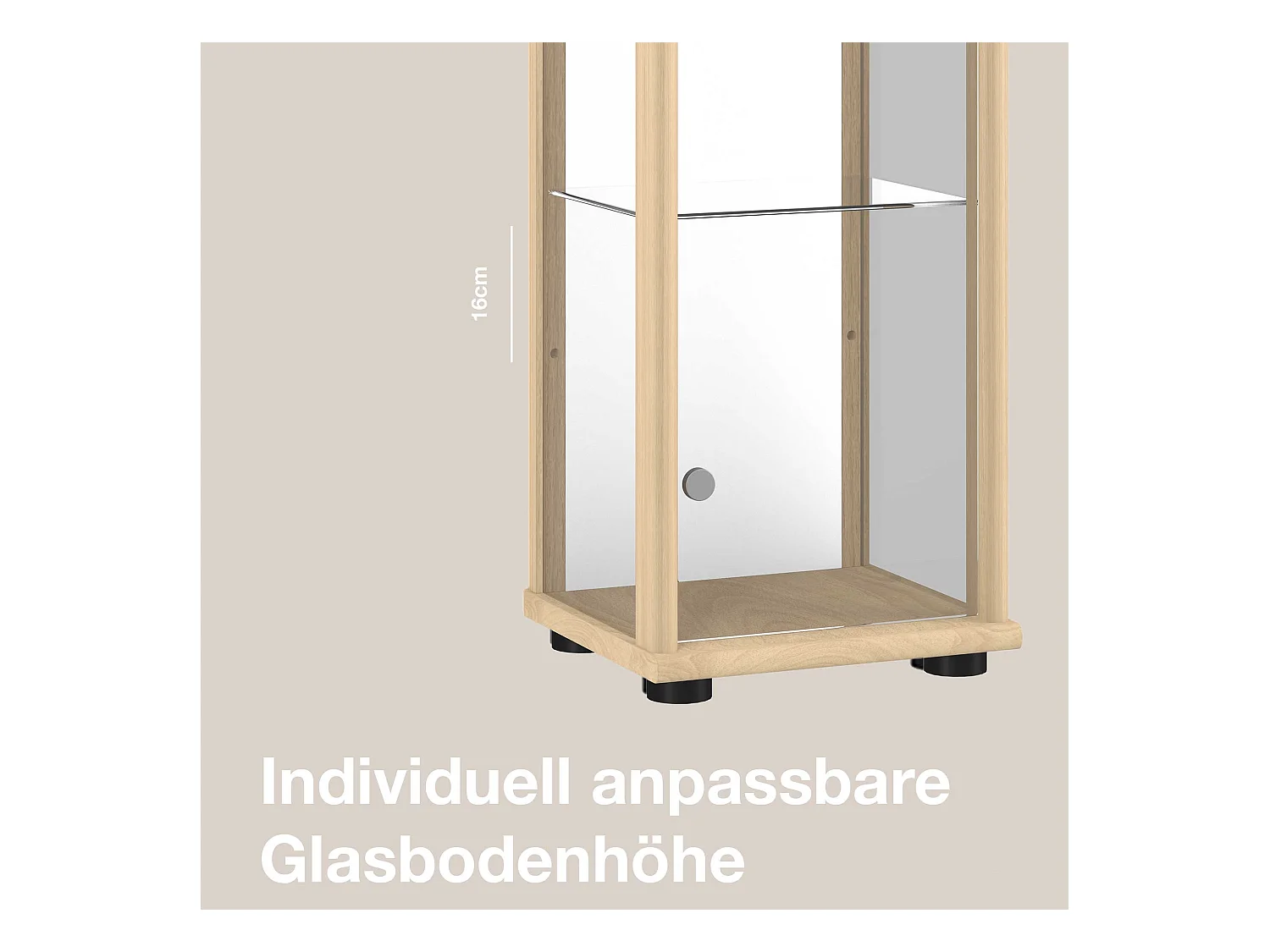 Standvitrine mit 1 Tür, 4 Höhenverstellbaren Glasböden, Spiegel & Schloss - Mit LED-Beleuchtung- 176x37x33 cm - Buchefarben