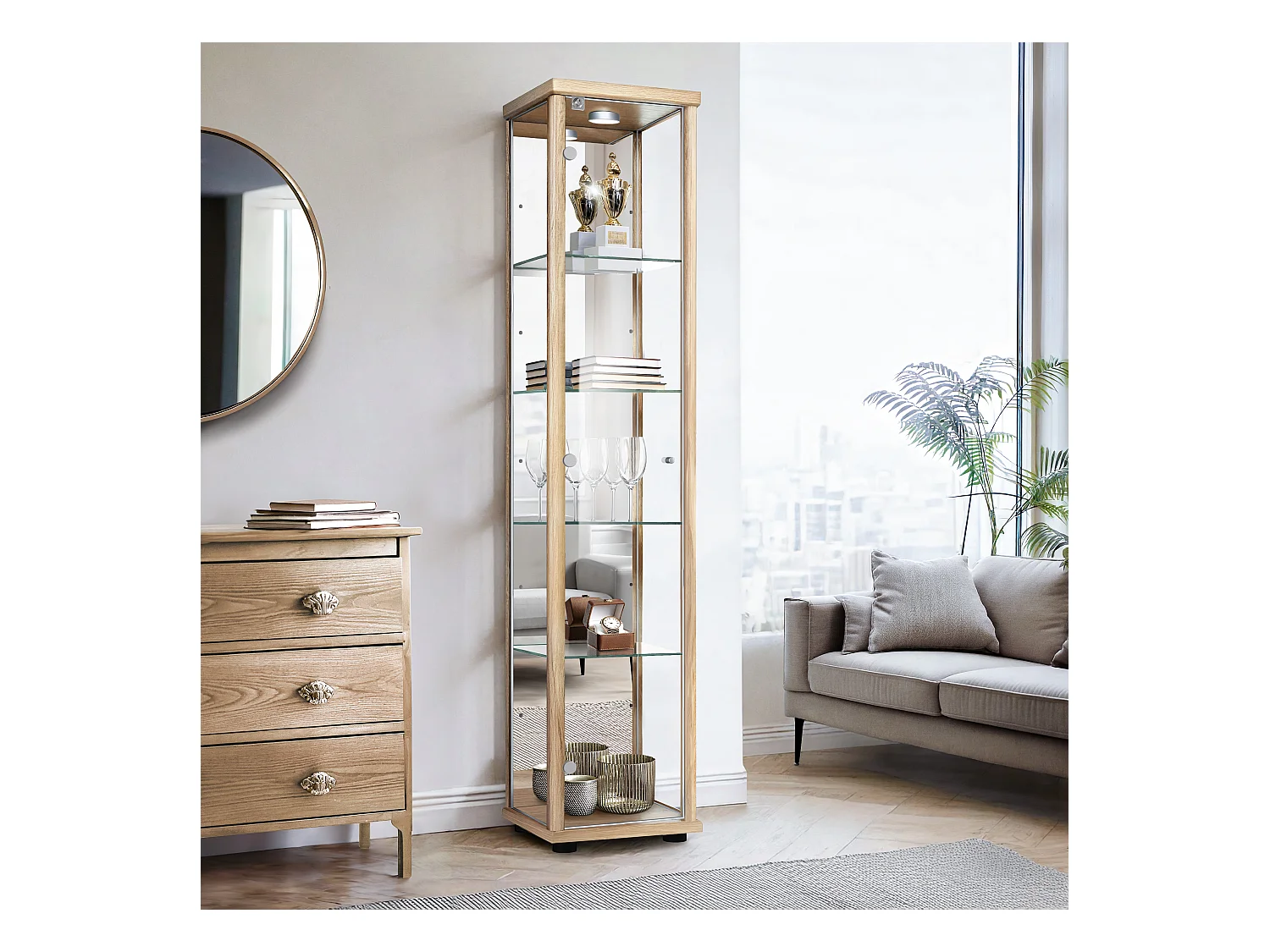 Vitrine sur pied avec 1 porte, 4 étagères en verre réglables en hauteur, miroir & serrure - Avec éclairage LED - 176x37x33 cm - Couleur hêtre