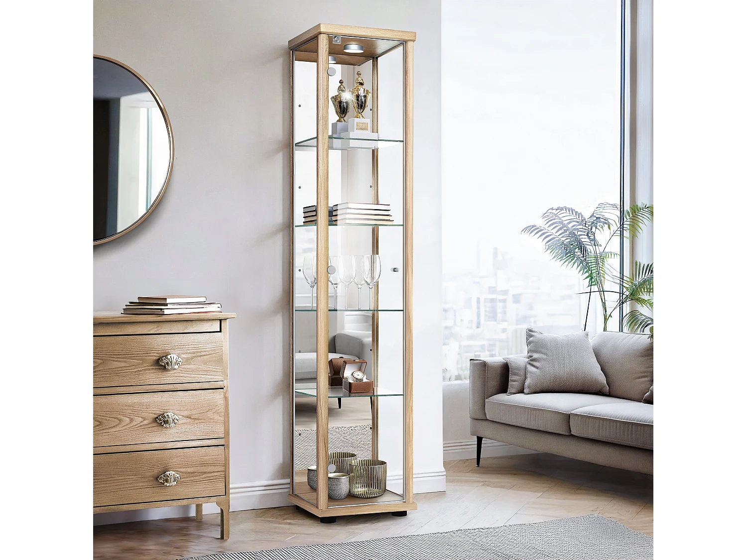 Vitrine sur pied avec 1 porte, 4 étagères en verre réglables en hauteur, miroir & serrure - Avec éclairage LED - 176x37x33 cm - Couleur hêtre