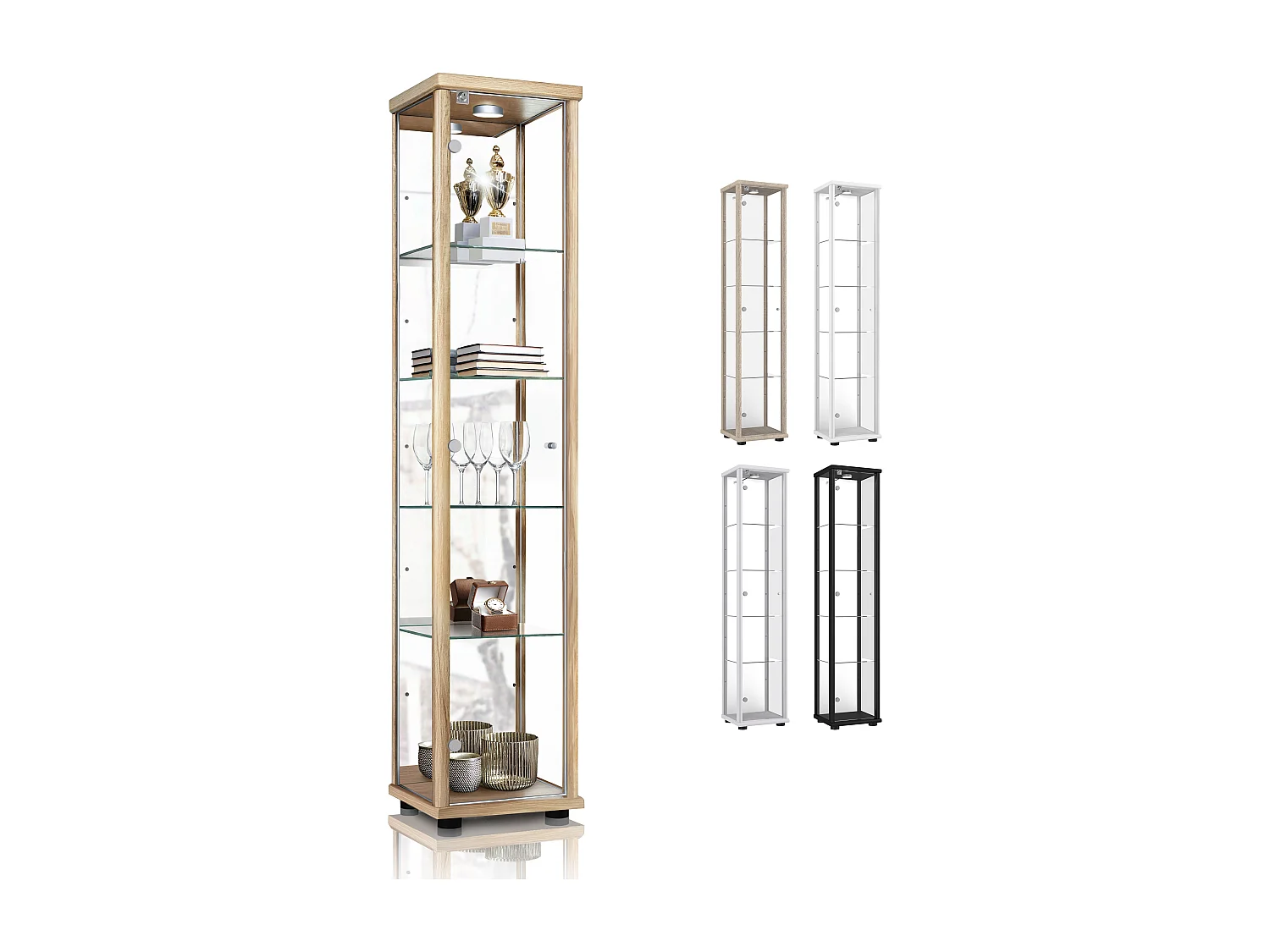 Vitrine sur pied avec 1 porte, 4 étagères en verre réglables en hauteur, miroir & serrure - Avec éclairage LED - 176x37x33 cm - Couleur hêtre