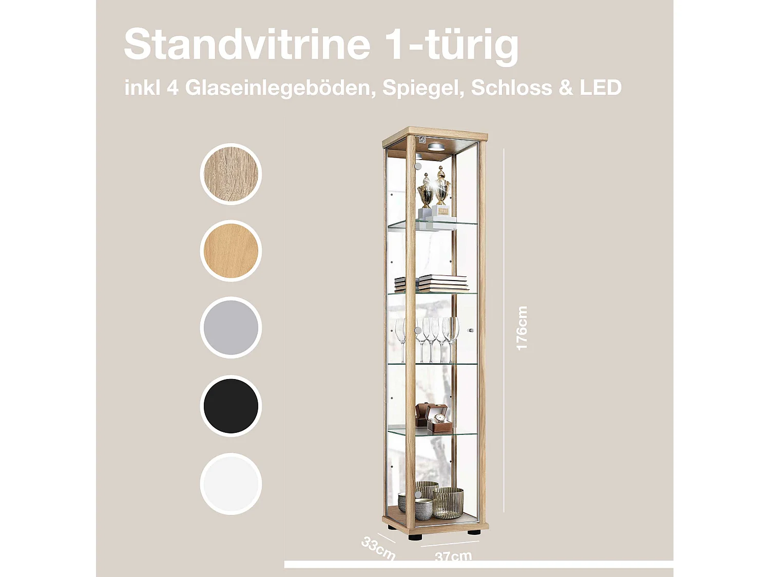 Vitrine sur pied avec 1 porte, 4 étagères en verre réglables en hauteur, miroir & serrure - Avec éclairage LED - 176x37x33 cm - Couleur hêtre