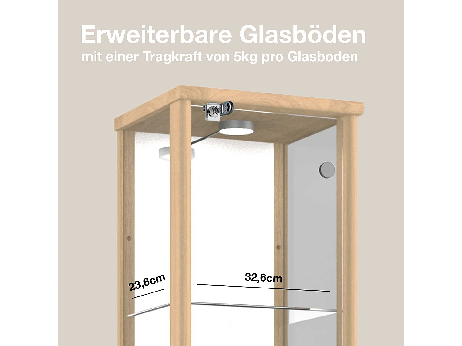 Vitrine sur pied avec 1 porte, 4 étagères en verre réglables en hauteur, miroir & serrure - Avec éclairage LED - 176x37x33 cm - Couleur hêtre