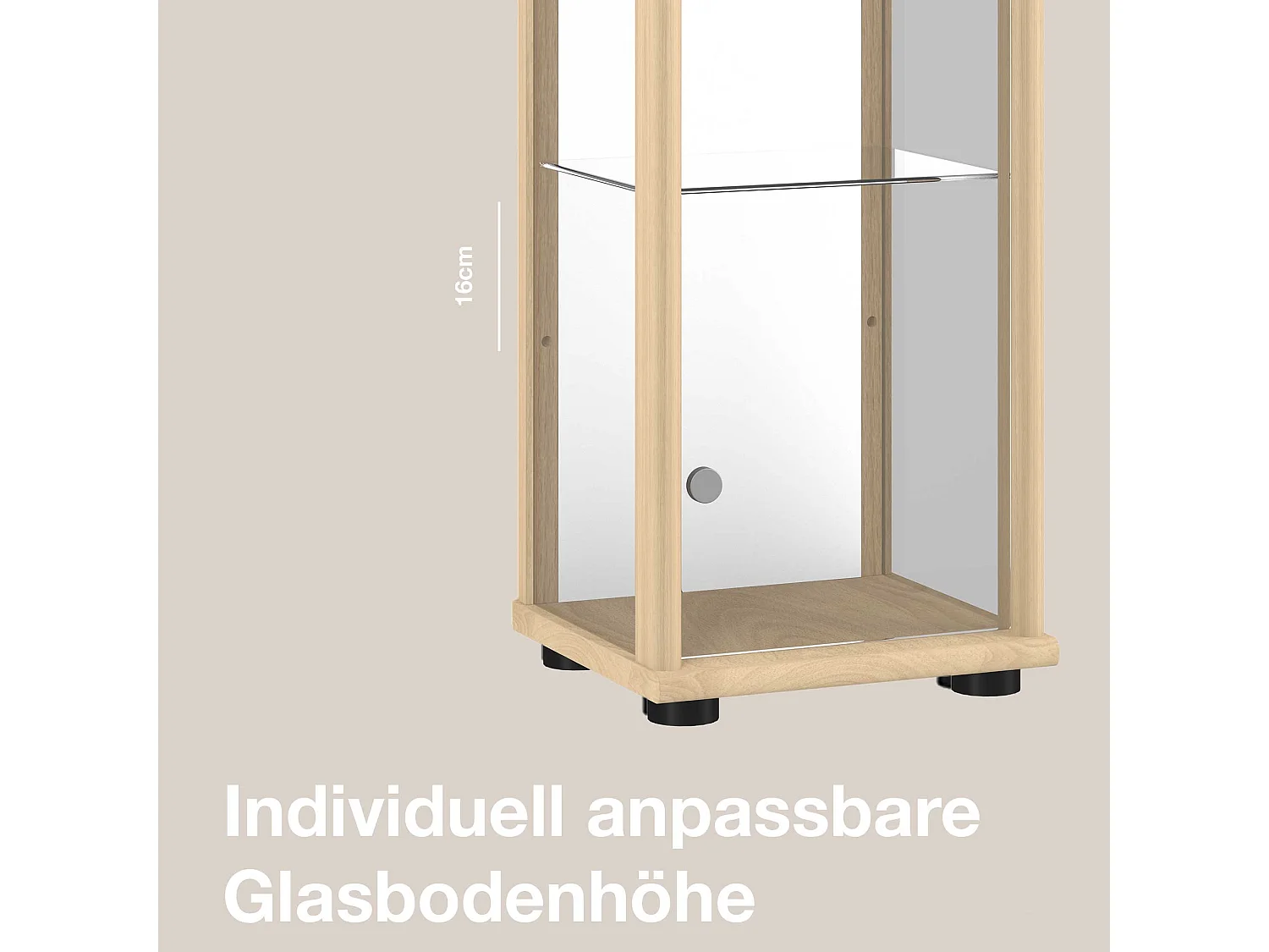Vitrine sur pied avec 1 porte, 4 étagères en verre réglables en hauteur, miroir & serrure - Avec éclairage LED - 176x37x33 cm - Couleur hêtre