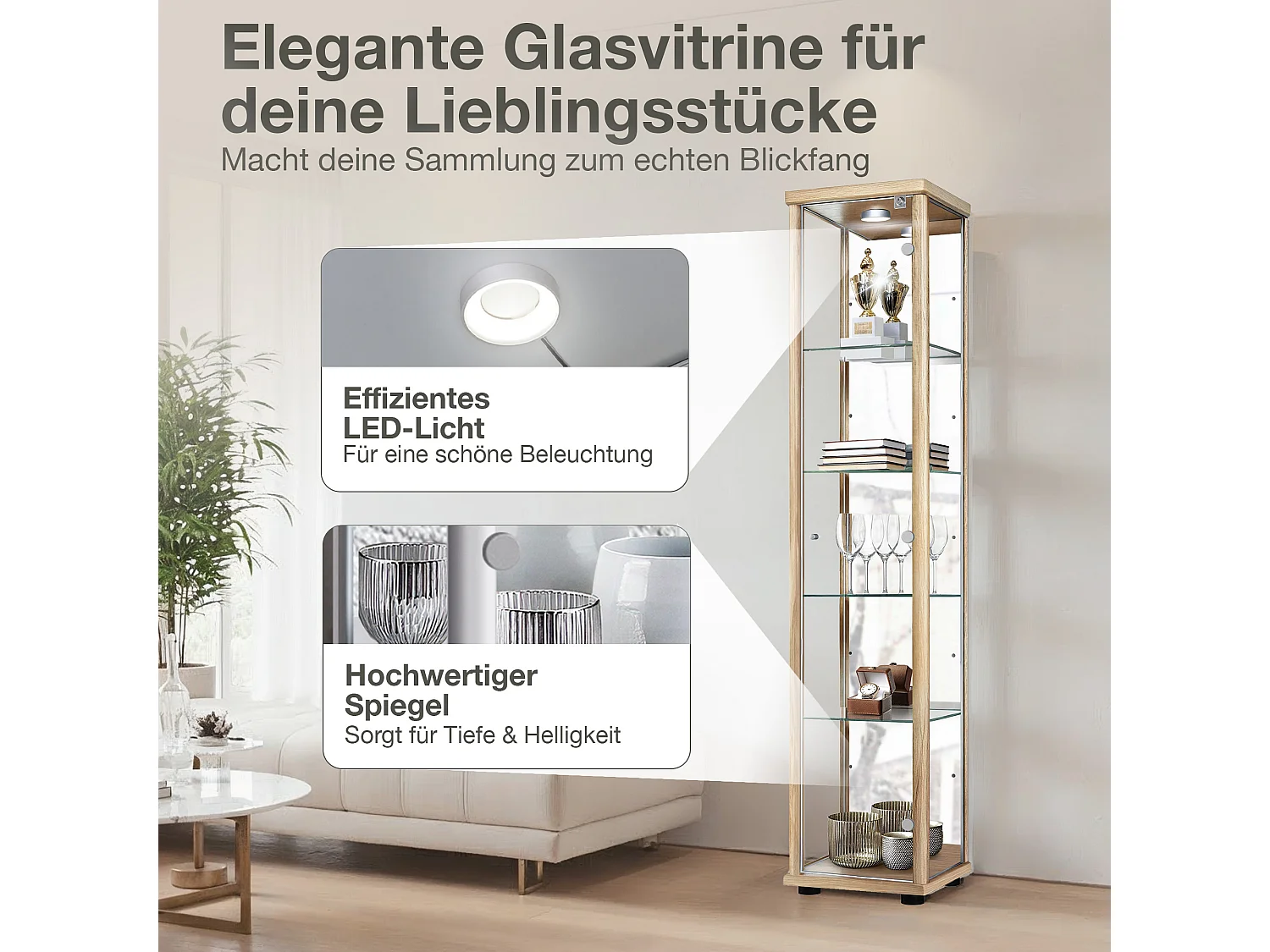 Vitrine sur pied avec 1 porte, 4 étagères en verre réglables en hauteur, miroir & serrure - Avec éclairage LED - 176x37x33 cm - Couleur hêtre
