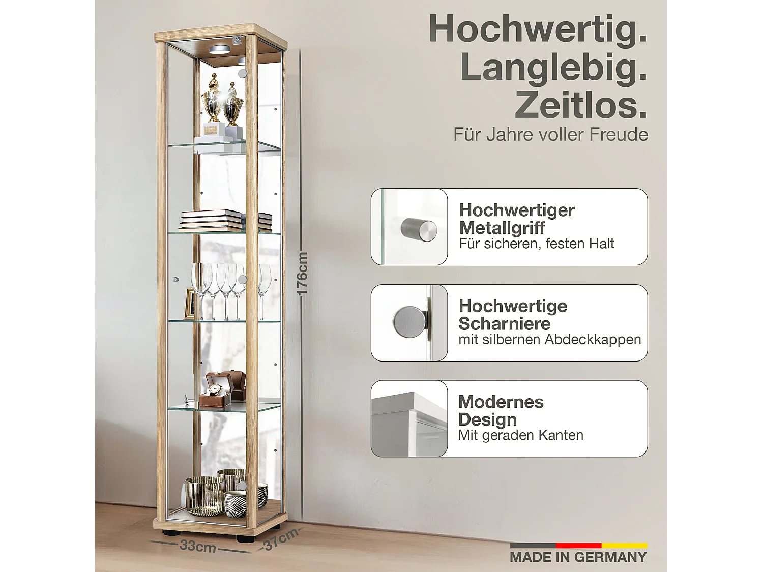 Standvitrine mit 1 Tür, 4 Höhenverstellbaren Glasböden, Spiegel & Schloss - Mit LED-Beleuchtung- 176x37x33 cm - Buchefarben