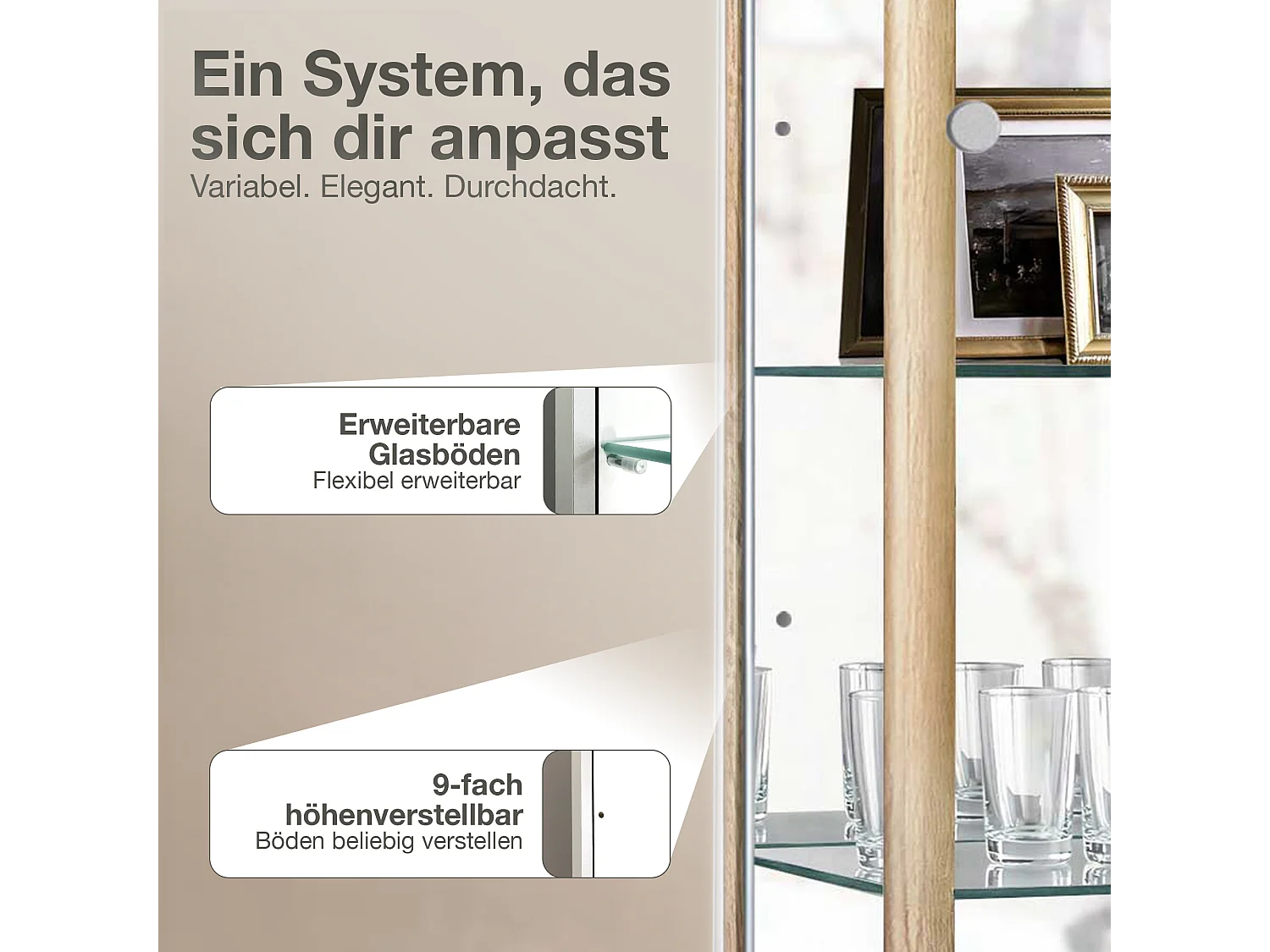 Standvitrine mit 1 Tür, 4 Höhenverstellbaren Glasböden, Spiegel & Schloss - Mit LED-Beleuchtung- 176x37x33 cm - Buchefarben