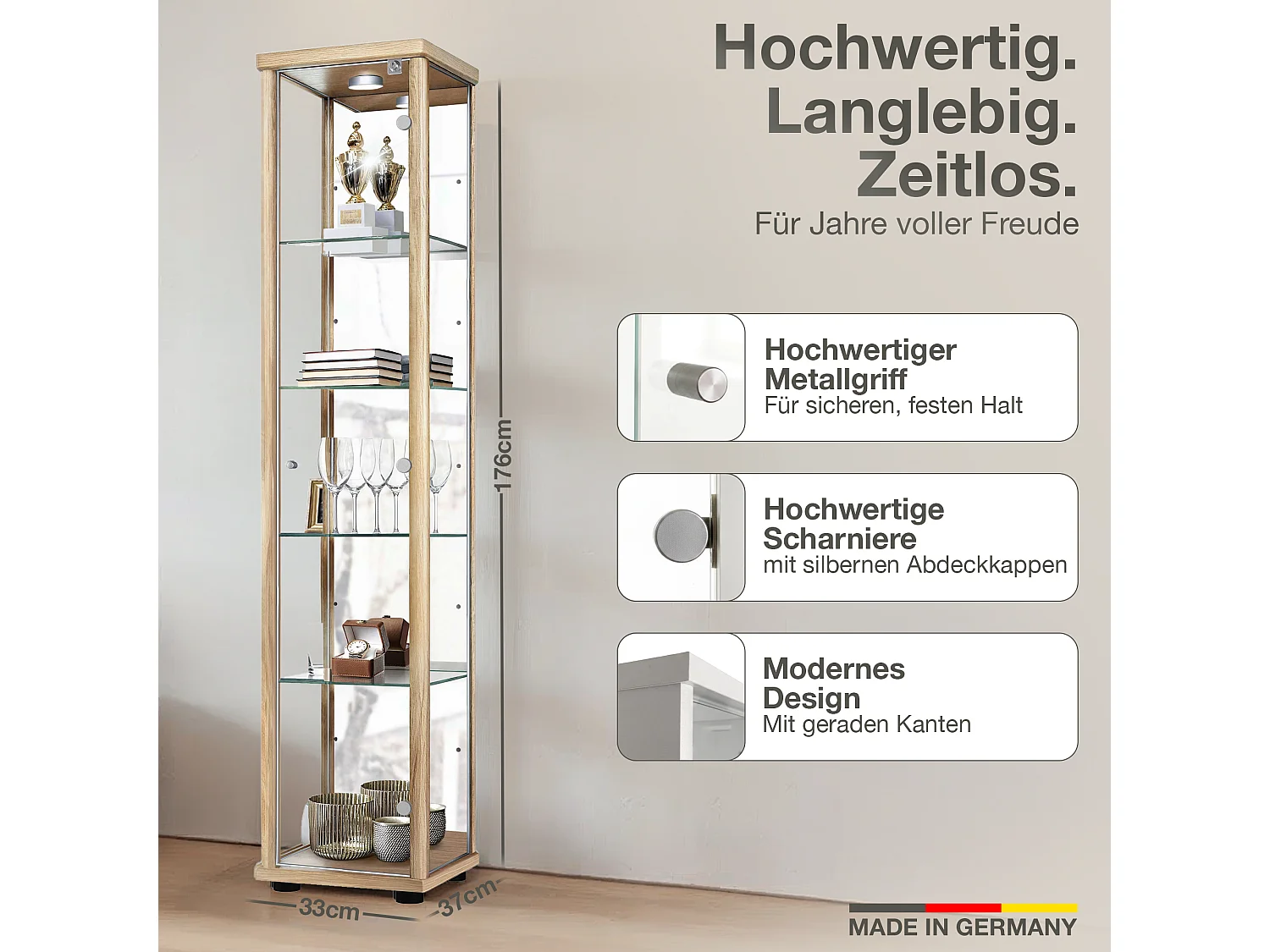 Vitrine sur pied avec 1 porte, 4 étagères en verre réglables en hauteur, miroir & serrure - Avec éclairage LED - 176x37x33 cm - Couleur hêtre