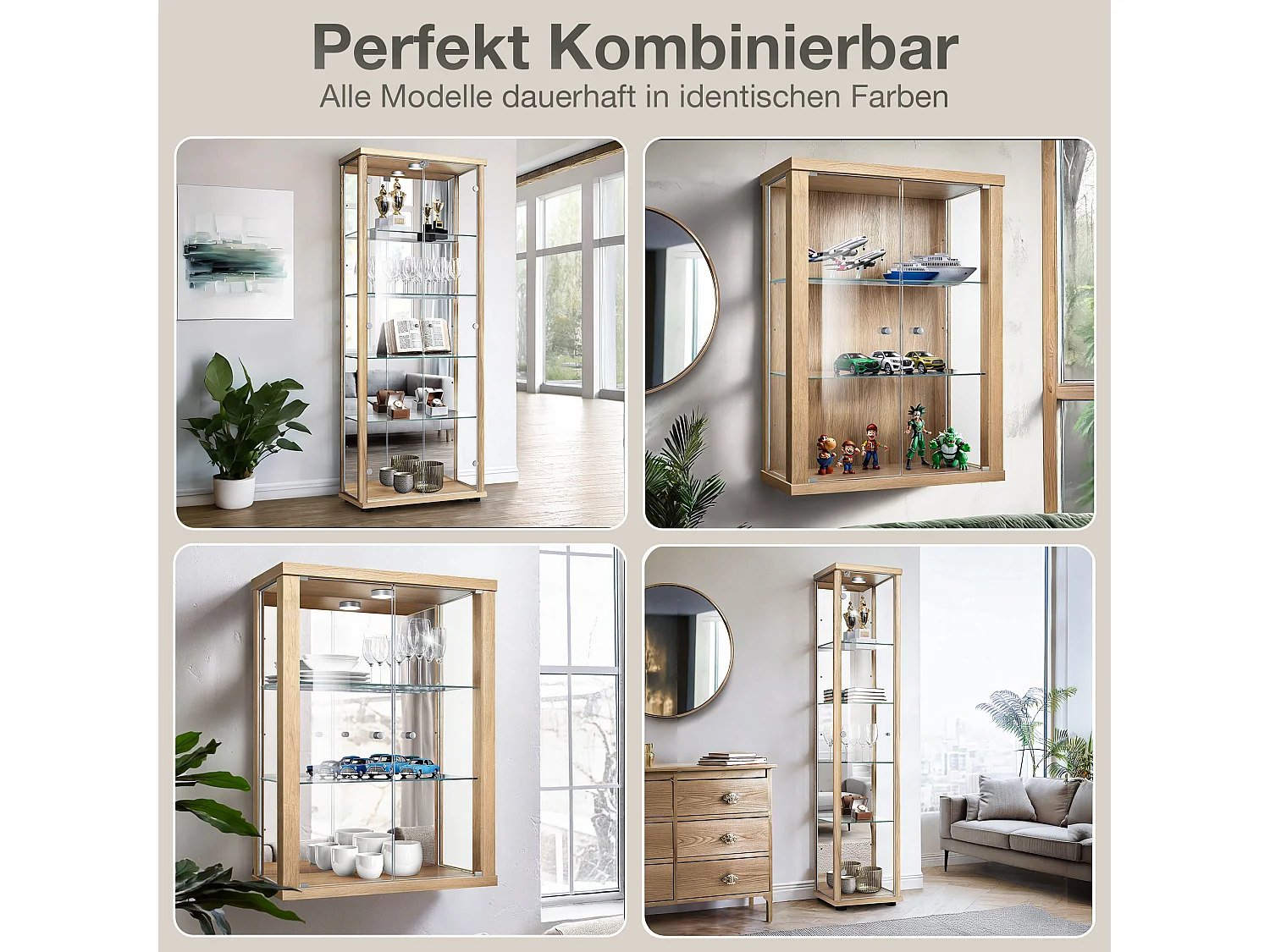 Vitrine sur pied avec 1 porte, 4 étagères en verre réglables en hauteur, miroir & serrure - Avec éclairage LED - 176x37x33 cm - Couleur hêtre